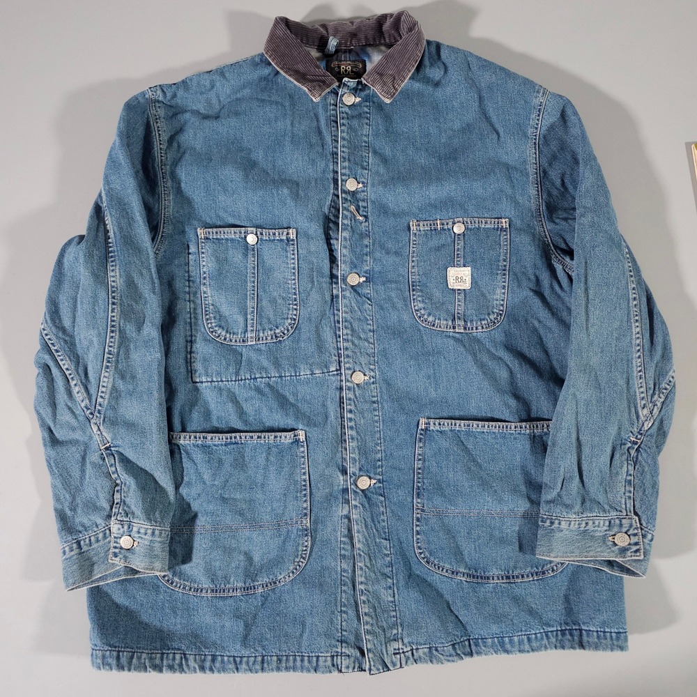 RRL Ralph Lauren Chore Coat Mens XL Blue Denim Flannel Lined Corduroy Collar